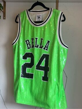 Bella Dona Sequin Basketball Jersey Tank - Neon Green